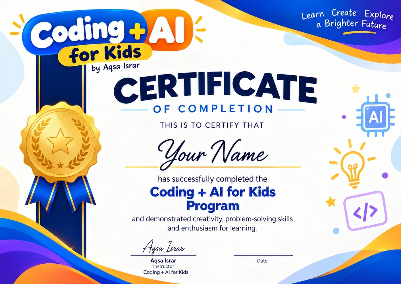 Sample Coding + AI for Kids Certificate of Completion