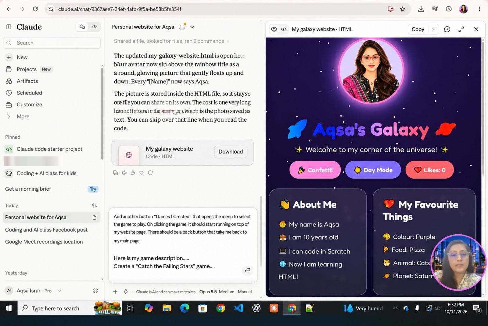 Claude AI on screen building a colourful personal website called “Aqsa's Galaxy”, with Aqsa Israr in a small camera bubble