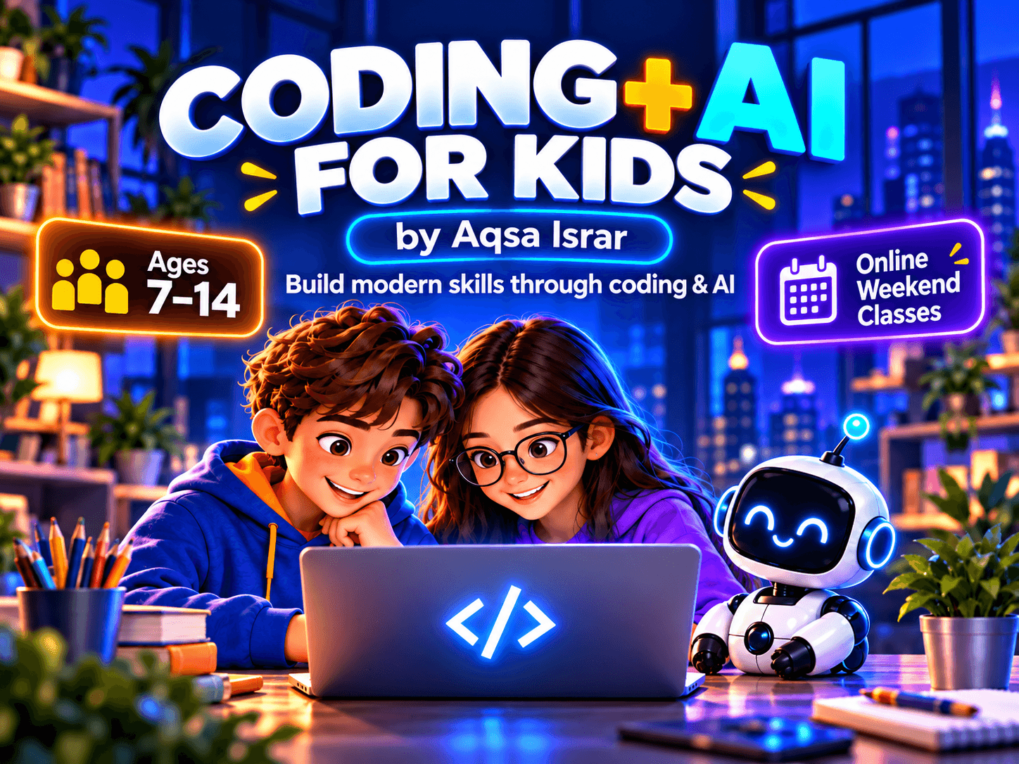 Two children smiling at a laptop beside a friendly robot. Coding + AI for Kids by Aqsa Israr: weekend coding and AI classes for ages 7–14.